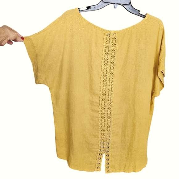 TERZO MILLENNIO Golden Linen w/Cotton Embroidered Split Back Lace Pullover Top - Picture 3 of 10